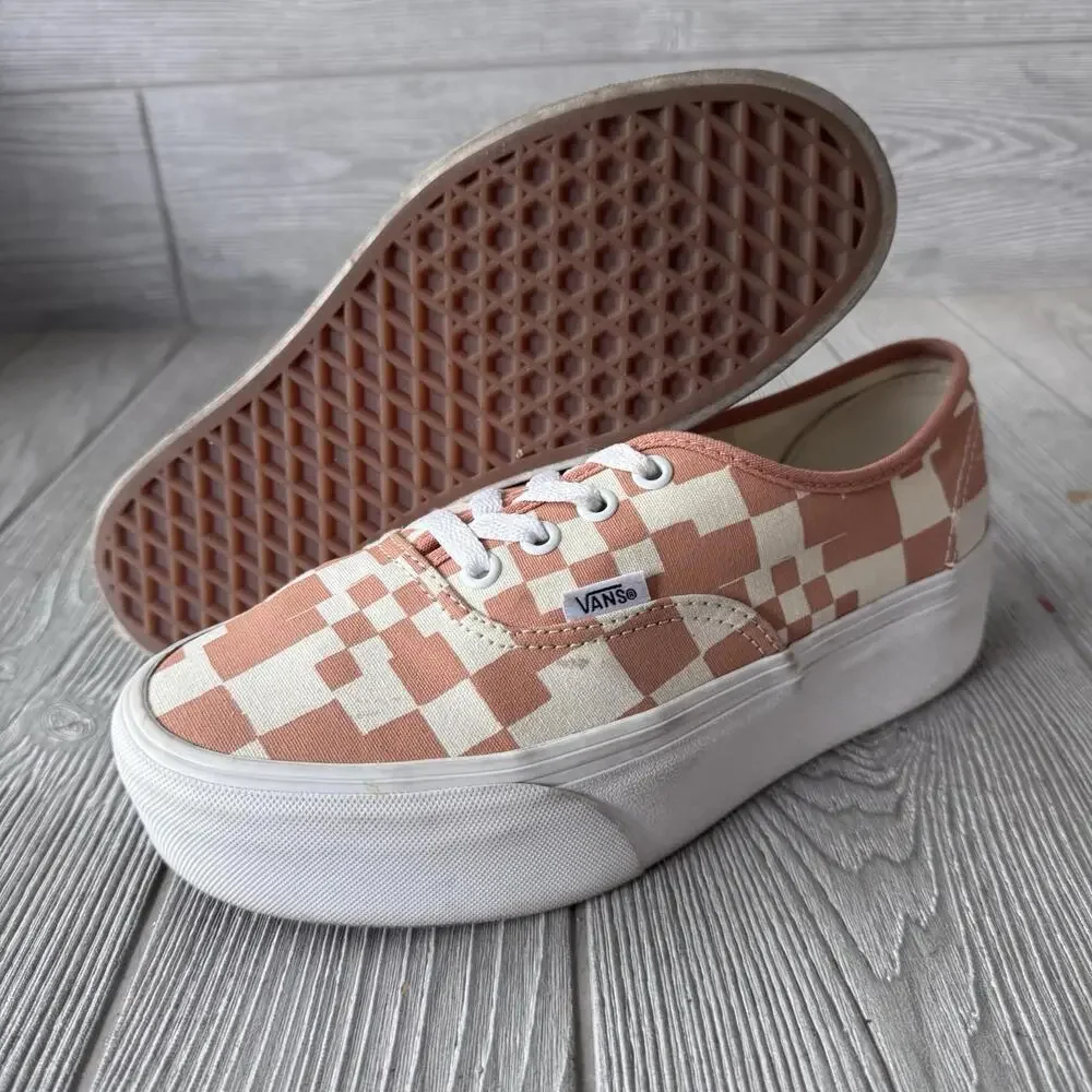 Vans Authentic Platform Sneakers Tan Checker Pixel Low Top Womens 7.5 Stacked - Picture 2 of 11